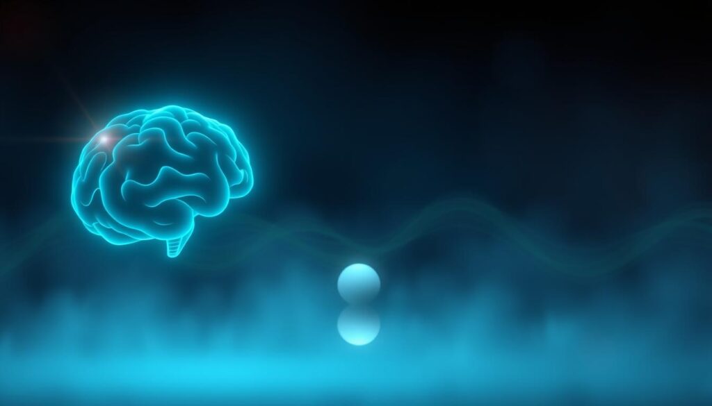 A serene, dimly lit environment with a pulsating, ethereal visualization of theta wave activity. In the foreground, a holographic representation of a brain emits a gentle, rhythmic flow of vibrant blue-green energy. The middle ground features a softly glowing orb, emanating a tranquil, meditative aura. The background is enveloped in a hazy, atmospheric gradient, creating a sense of depth and introspection. Subtle lens flares and a shallow depth of field enhance the dreamlike, introspective quality of the scene. The overall composition conveys a sense of inner focus, mental clarity, and the calming effects of theta wave stimulation. Genius Wave Scam