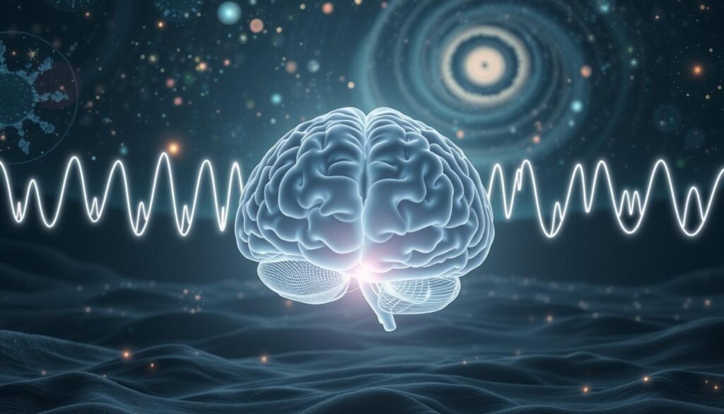 A mesmerizing visualization of brainwave entrainment, captured through a cinematic lens. In the foreground, a human brain emits pulsing waves of energy, each undulation synchronized with a hypnotic rhythm. The middle ground features a surreal landscape, where ethereal orbs of light dance and converge, mirroring the neural patterns. In the background, a cosmic backdrop of swirling galaxies and celestial bodies sets the stage for this neurological symphony. Soft, diffused lighting illuminates the scene, creating a sense of tranquility and introspection. The composition is balanced, with a focus on the central element of the pulsing brainwaves, guiding the viewer's attention to the core of this captivating phenomenon. A mesmerizing visualization of brainwave entrainment, captured through a cinematic lens. In the foreground, a human brain emits pulsing waves of energy, each undulation synchronized with a hypnotic rhythm. The middle ground features a surreal landscape, where ethereal orbs of light dance and converge, mirroring the neural patterns. In the background, a cosmic backdrop of swirling galaxies and celestial bodies sets the stage for this neurological symphony. Soft, diffused lighting illuminates the scene, creating a sense of tranquility and introspection. The composition is balanced, with a focus on the central element of the pulsing brainwaves, guiding the viewer's attention to the core of this captivating phenomenon.