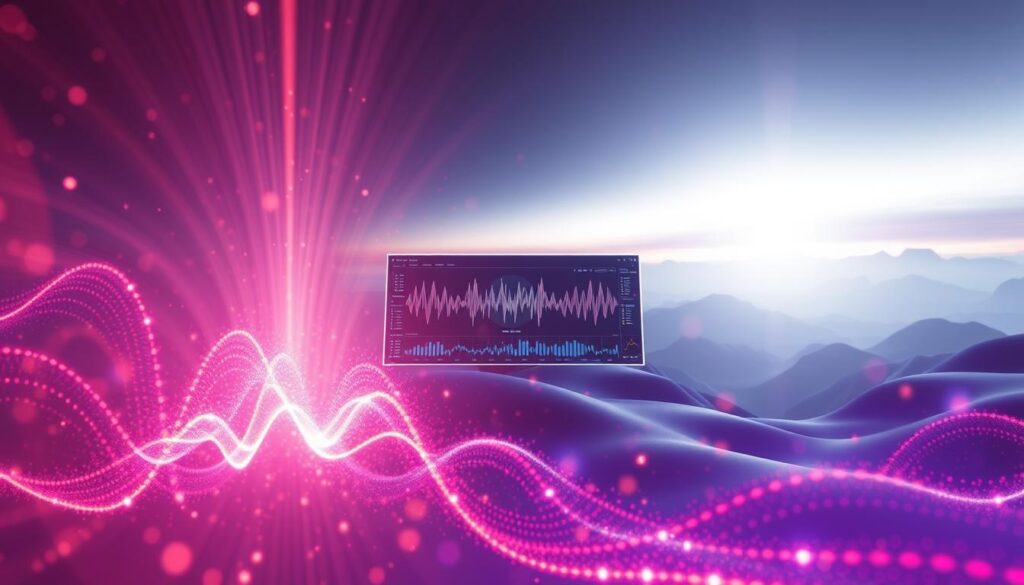 A stunning visualization of "Genius Wave" brainwave entrainment technology. In the foreground, a vibrant, pulsating energy field emits mesmerizing waves of light, symbolizing the neural activity being modulated. In the middle ground, a minimalist, futuristic interface displays dynamic visualizations of brainwave patterns, hinting at the sophisticated data analytics powering the technology. The background features a serene, ethereal landscape with soft, diffused lighting, conveying a sense of deep relaxation and mental clarity. The overall composition evokes a harmonious balance between cutting-edge science and transcendent, meditative experiences. A stunning visualization of "Genius Wave" brainwave entrainment technology. In the foreground, a vibrant, pulsating energy field emits mesmerizing waves of light, symbolizing the neural activity being modulated. In the middle ground, a minimalist, futuristic interface displays dynamic visualizations of brainwave patterns, hinting at the sophisticated data analytics powering the technology. The background features a serene, ethereal landscape with soft, diffused lighting, conveying a sense of deep relaxation and mental clarity. The overall composition evokes a harmonious balance between cutting-edge science and transcendent, meditative experiences.